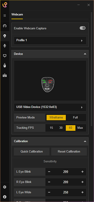 Puppetstring Webcam Capture settings.